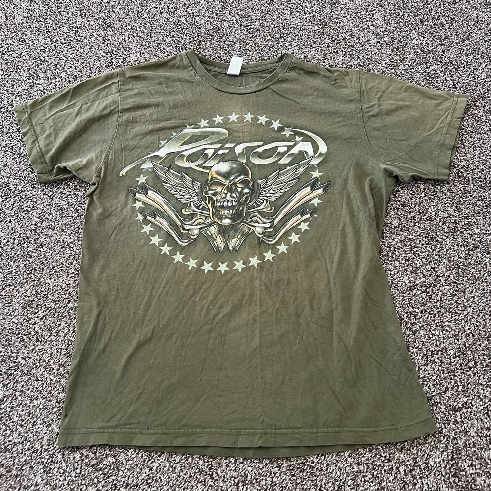 POISON Tour 2008 Green Distressed Faded T-Shirt Medium Band Rock Metal Tultex